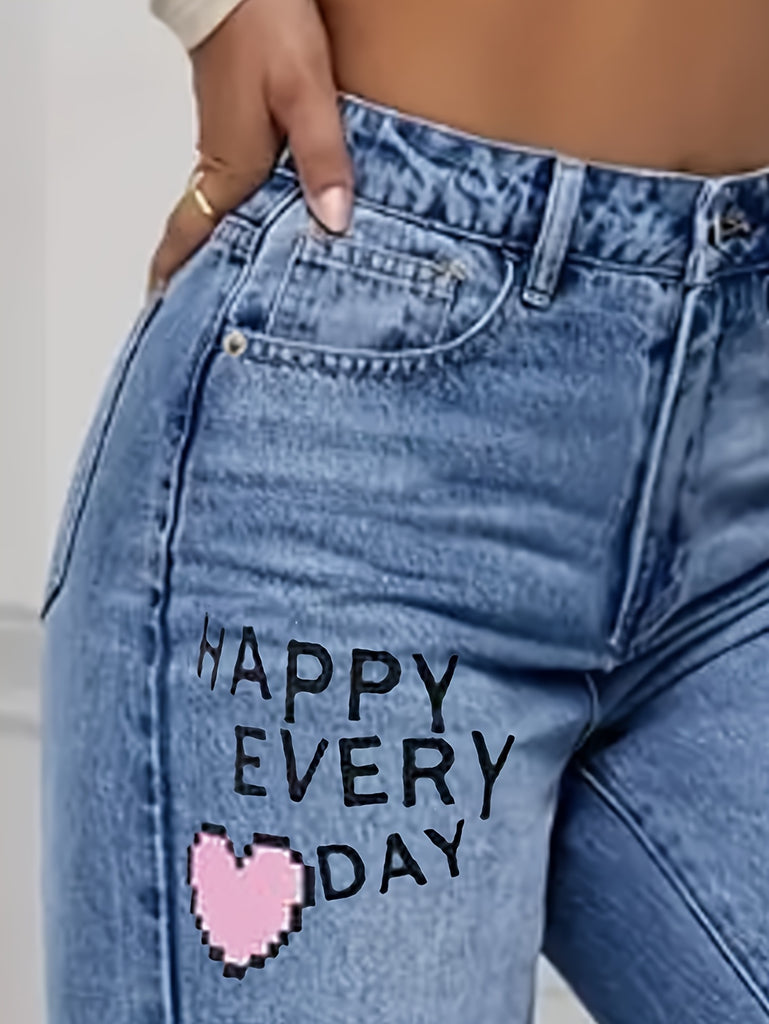 Heart Love Letter Graffiti Print Ripped Denim Pants, High Rise Washed Blue Valentine's Day Wide Leg Jeans, Women's Denim Jeans & Clothing