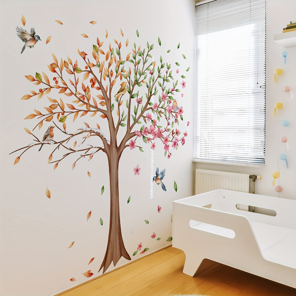 3-Piece Set, 11.81x35.43inch Each, Contemporary Seasonal Tree & Birds Wall Stickers, PVC Self-Adhesive Wall Decals for Living Room, Bedroom Decor, Reusable, Irregular Shape, No Power Required