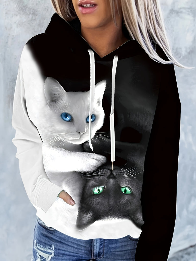 Cat Print Kangaroo Pocket Hoodie, Casual Long Sleeve Drawstring Hoodies Sweatshirt, Women's Clothing