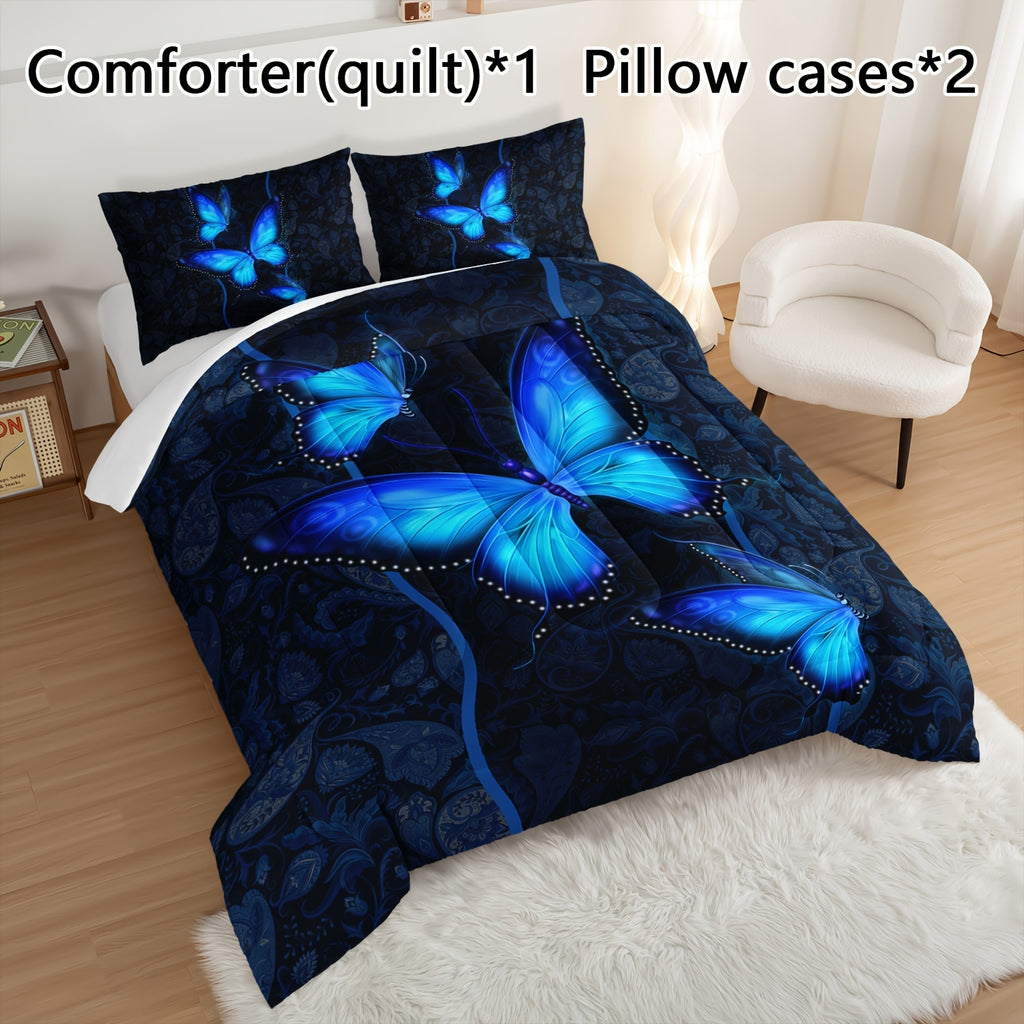 3pcs Modern Fashion Polyester Comforter Set (1*Comforter + 2*Pillowcase, Without Core), Bohemian Style Blue Butterfly Print Bedding Set, Soft Comfortable And Skin-friendly Comforter For Bedroom, Guest Room