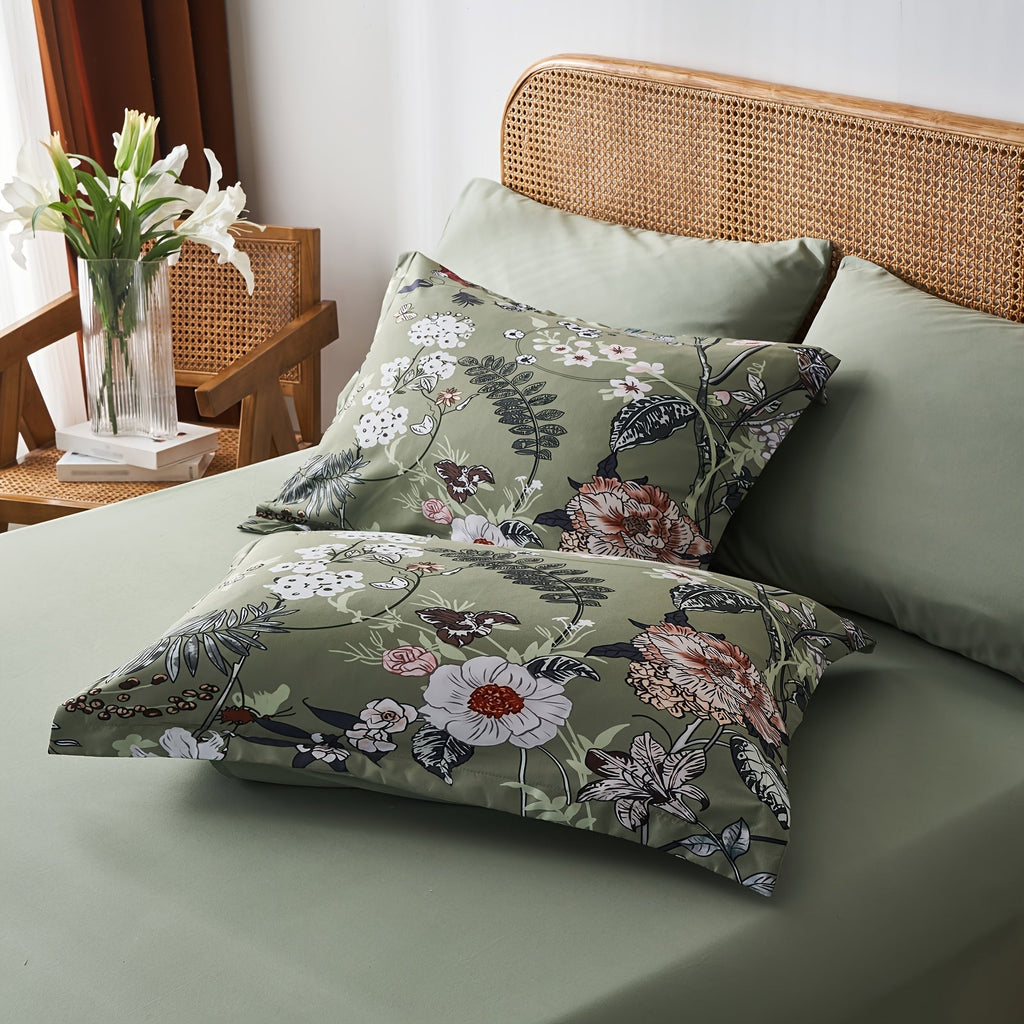 7 Pcs Green Butterfly Floral Comforter Set With Flowers Leaves Pattern- Stain Resistant, Ultra Soft Microfiber, Lightweight, Woven Bedding With 100% Polyester Fiber Fill - Queen/King Size Bed In A Bag For All Seasons