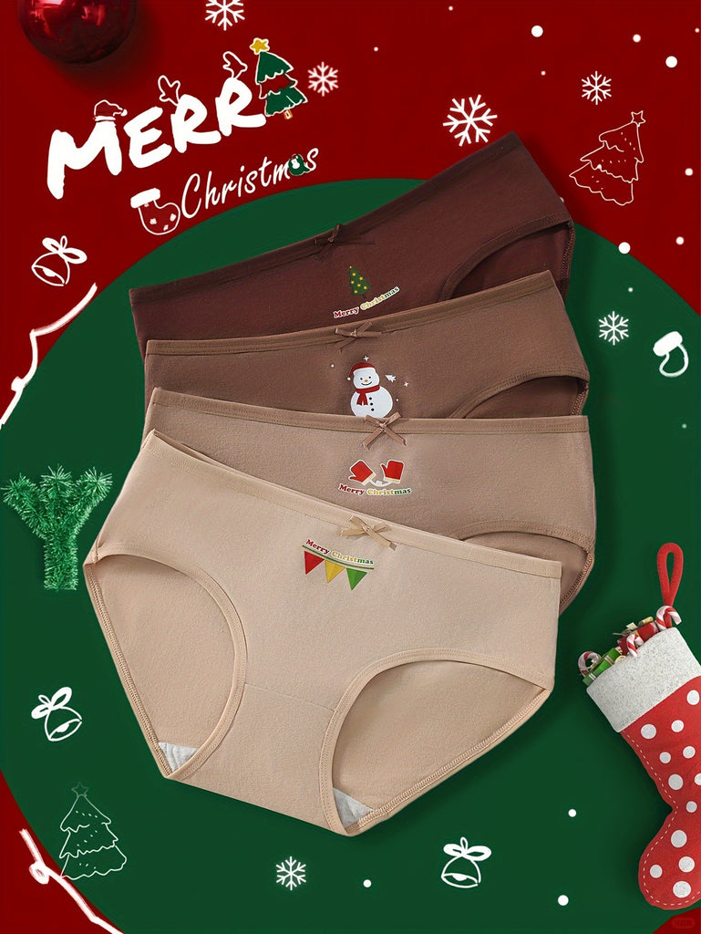 4pcs Christmas-Themed Cotton Briefs for Women - Soft, Comfortable Low-Rise Underwear with Bow Detail