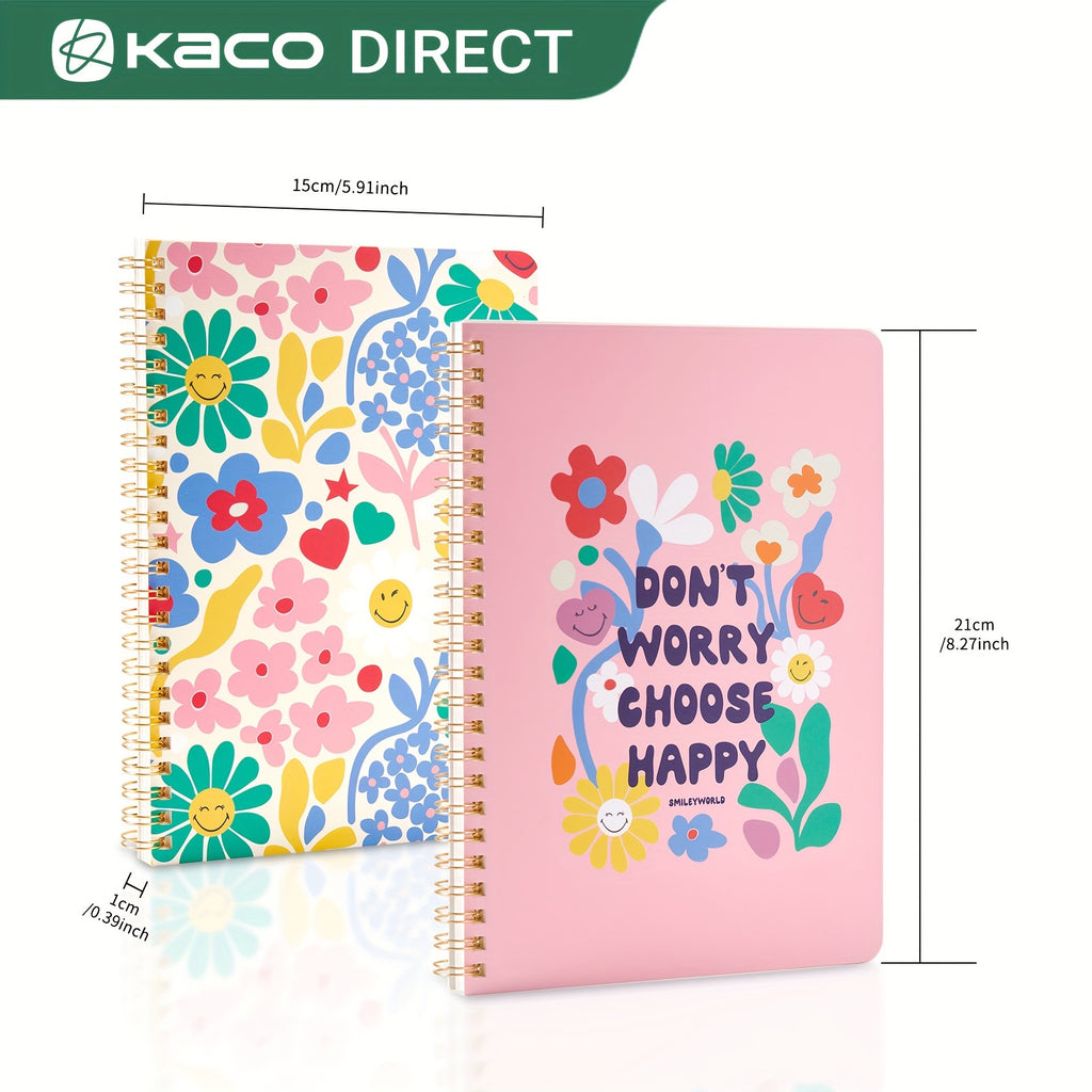 Kaco Pack 2 Cute Mini Spiral Notebooks, Set Of 2 For Women, 8.2'' X 5.9'' Hardcover Journal 120 X 2 Lined Pages With Pocket And Sticker (Floral)