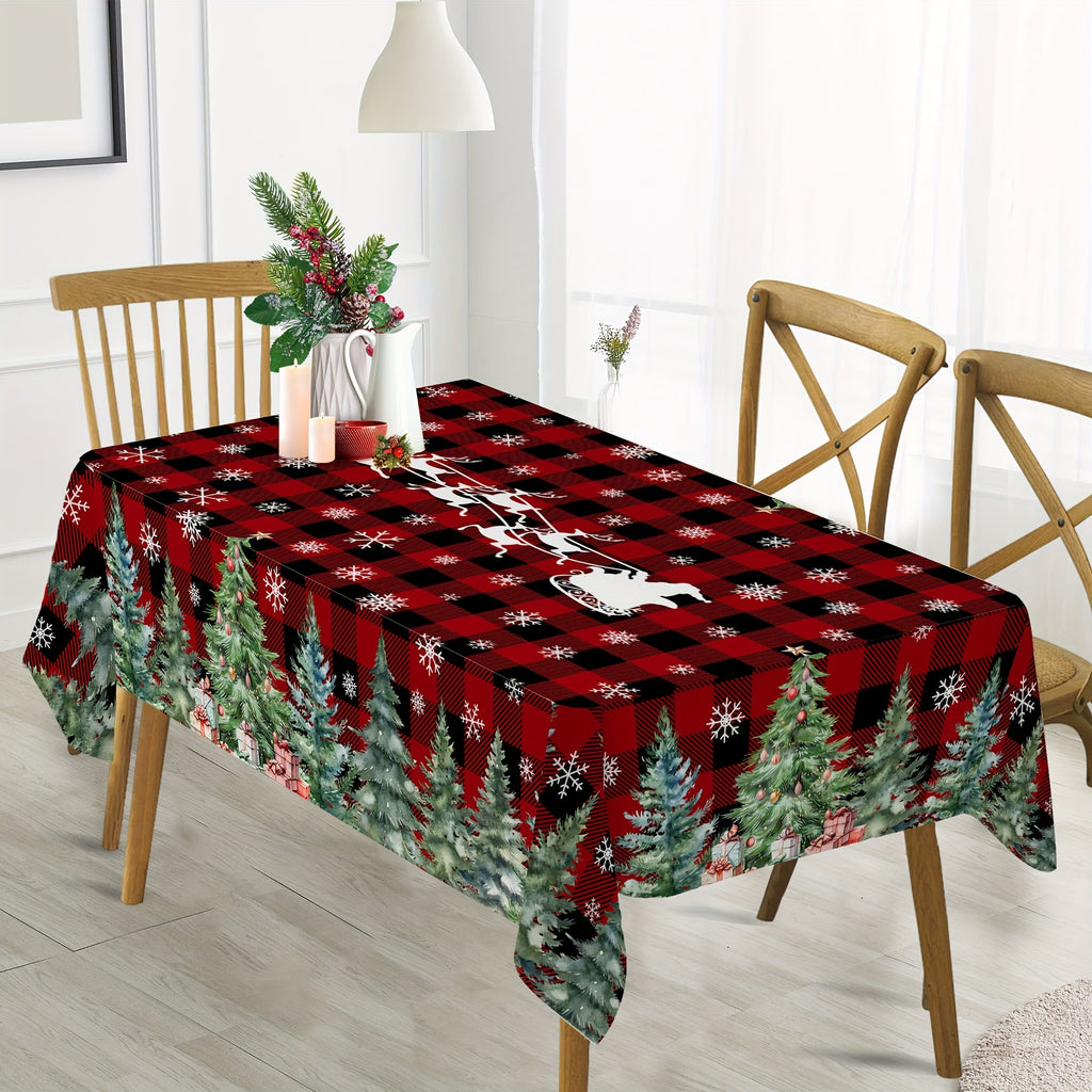 Christmas tablecloth - Vibrant Christmas Tablecloth - Premium Polyester, Red Buffalo Plaid, Pine Trees & Snowflakes, 52x70 inches - Holiday Dining Decor - For Christmas Celebrations - Perfect Gift Idea - Deck the Halls in Style