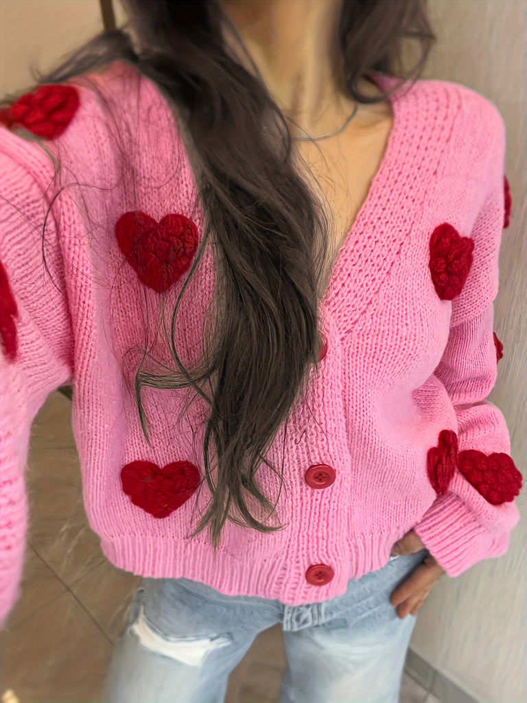 Heart Pattern Button Down Knit Cardigan, Casual V Neck Long Sleeve Loose Sweater, Women's Clothing