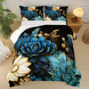 3pcs Fashion Luxury Blue Flowers Print Comforter Set (1 Comforter + 2 Pillowcase Without Pillow Insert) For All Seasons, Microfiber Black And Golden Floral Bedding Set For Bedrooms Decoration