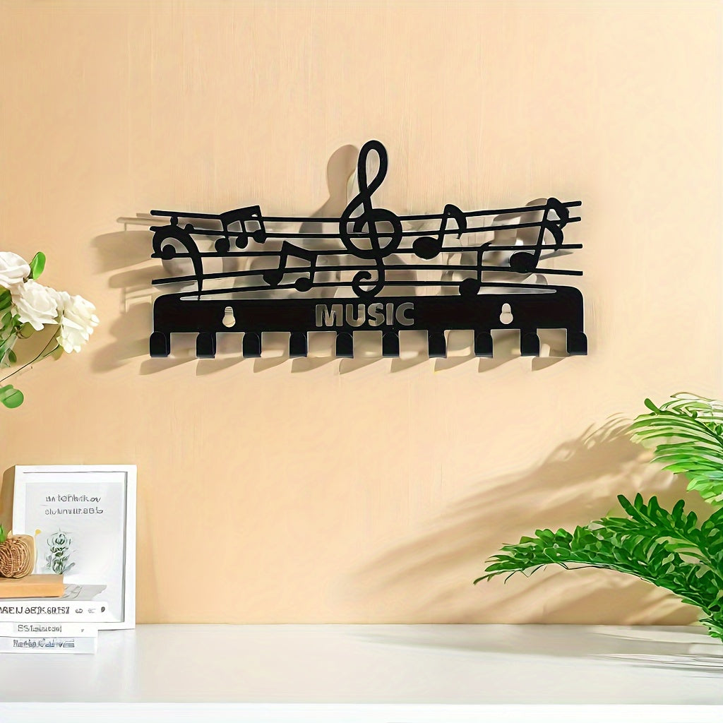 Iron Music Note Wall Storage Rack with Hooks – 1pc Multifunctional Organizer for Keys and Coats, Black, Decorative Home Accessory