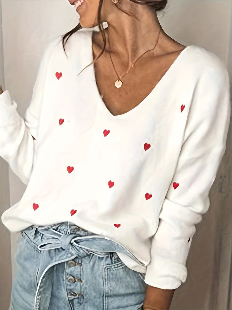 Romantic Heart Print Long Sleeve Sweater for Women - Casual V Neck Fall Winter Cozy Knitwear