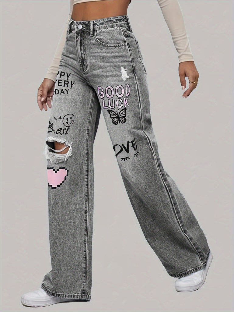 1pc Elegant Low Waist Wide Leg Jeans, DK8130, Ripped Denim with Printed Accents, Non-Stretch Solid Color, Button Fly, Long Pants for Weekend Casual, All Seasons