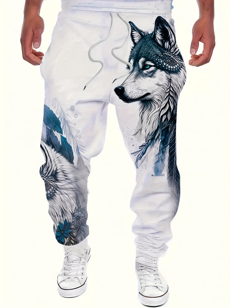 Men's Wolf Graphic Jogger Pants With Drawstrings, Casual Comfy Breathable Trousers For Spring And Autumn