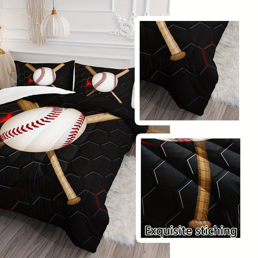 3Pcs Modern Fashion Polyester Comforter Set (1 * Comforter + 2 * Pillowcases, Core Not Included), Sports Theme Baseball Honeycomb Print Bedding Set, Soft And Comfortable Skin-friendly Comforter For Bedroom, Guest Room.