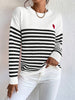 Heart Pattern Striped Crew Neck Sweater, Elegant Long Sleeve Sweater For Fall & Winter, Women's Clothing