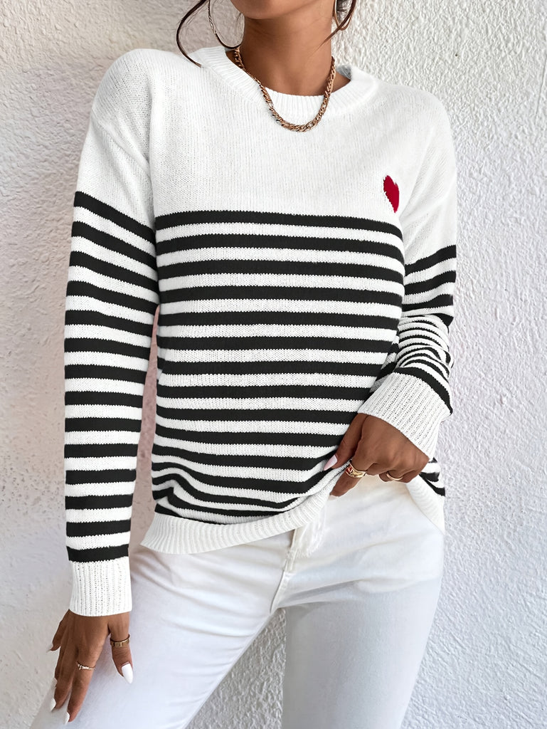 Heart Pattern Striped Crew Neck Sweater, Elegant Long Sleeve Sweater For Fall & Winter, Women's Clothing