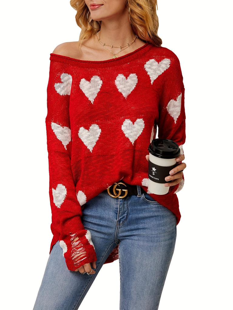 Women's Off-the-shoulder Knitted Pullover Sweater Loose Long Sleeve Heart-shaped Printed Ripped Top