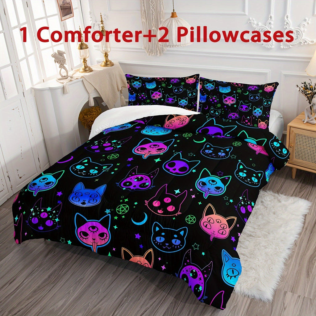 3pcs Neon Cat Print Comforter Set, Soft Comfortable Comfortable Bedding Set, For Bedroom Guest Room Dorm (1*Comforter + 2*Pillowcase, Without Core)