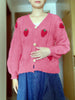 Strawberry Pattern Button Down Cable Knit Cardigan, Elegant Long Sleeve Sweet Sweater, Women's Clothing