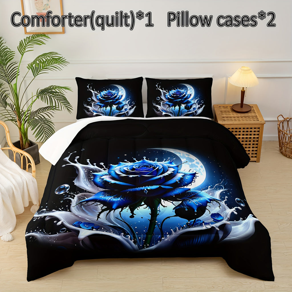 3pcs Modern Fashion Polyester Comforter Set (1*Comforter + 2*Pillowcase, Without Core), Blue Rose Glowing Moon Print Bedding Set, Soft Comfortable And Skin-friendly Comforter For Bedroom, Guest Room.