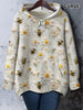 Plus Size Bee & Floral Print Drawstring Hoodie, Casual Long Sleeve Kangaroo Pocket Hooded Sweatshirt For Fall & Winter, Women's Plus Size Clothing