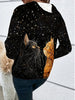 Women'S Casual Fashion Cat Print Long Sleeve Hooded Sweatshirt, Polyester Knit Fabric, Regular Fit Pullover with Slight Stretch, with Drawstring Hood for Spring/Fall