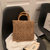 Summer Square Hollow Out Straw Bag Handmade Woven Bamboo Handle Large Capacity