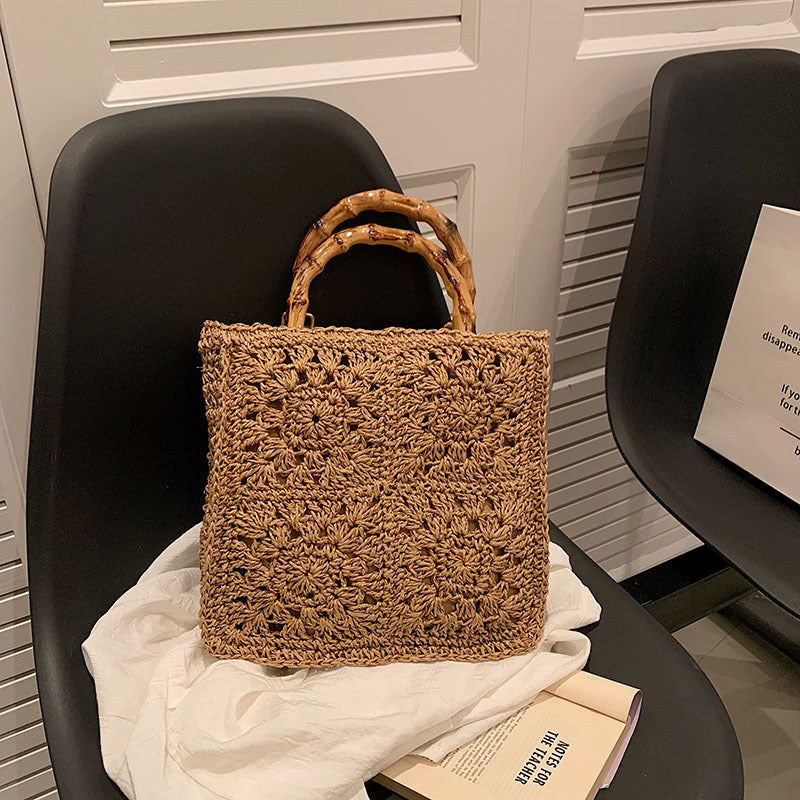 Summer Square Hollow Out Straw Bag Handmade Woven Bamboo Handle Large Capacity