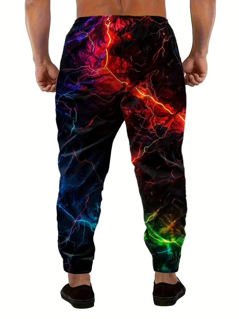 Men's Casual Joggers with Lightning Print - Comfy Polyester, Drawstring Waist, Pockets - For Autumn & Spring Wear - Suitable for Men - Perfect for Casual Outings & Loungewear
