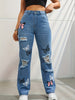 Women's Butterfly Print Cut Holes Cut Fashion Denim Straight Leg High Waist Color Denim Pants