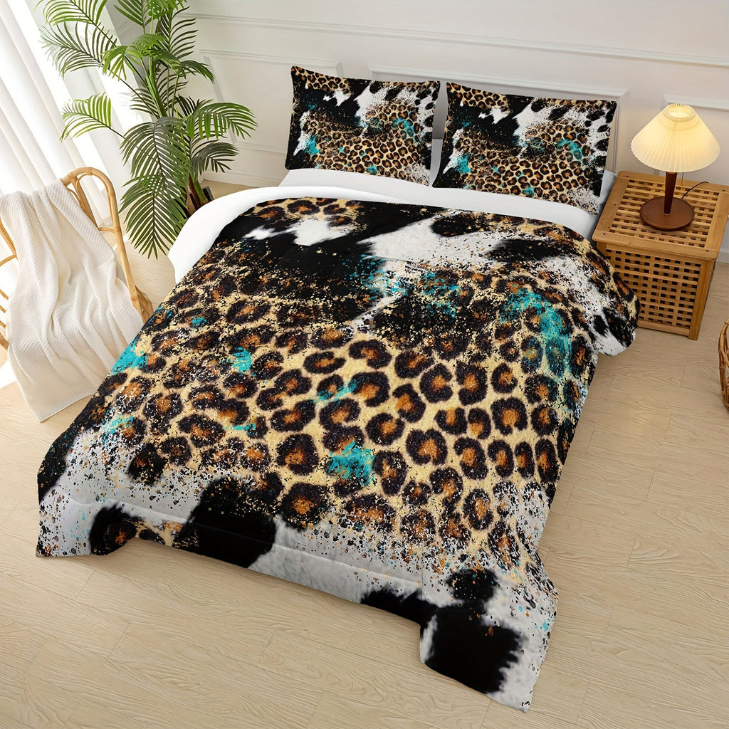 3pcs Highland Rustic Cow Fur Print Comforter Set (1 Comforter + 2 Pillowcase Without Pillow Insert) For All Seasons, Microfiber Western Farmhouse Style Leopard Print Bedding Set For Bedrooms Decoration