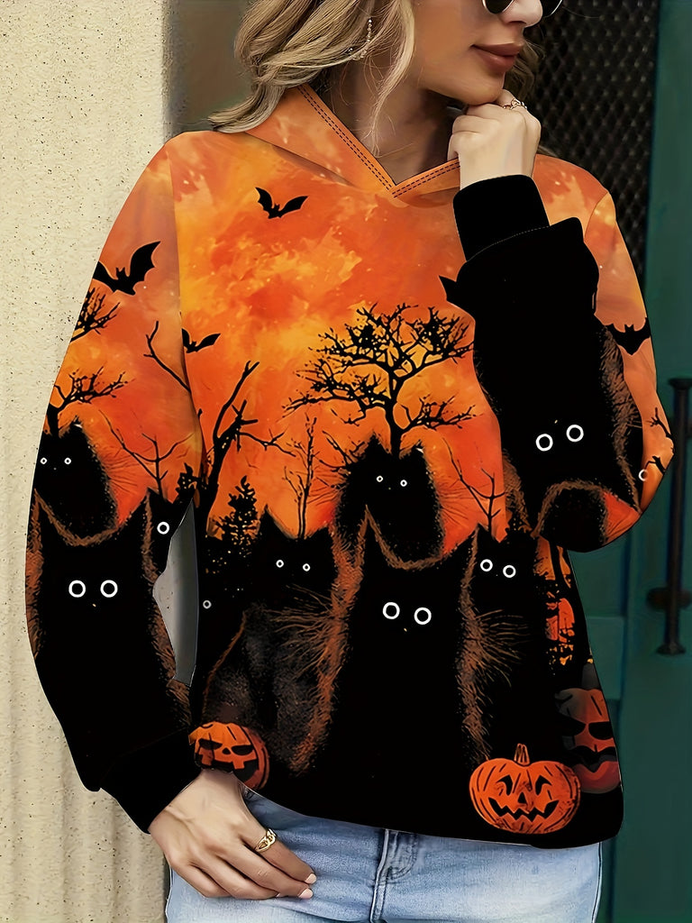 Halloween Cat Print Hoodie, Casual Long Sleeve Hooded Sweatshirt For Spring & Fall, Women's Clothing