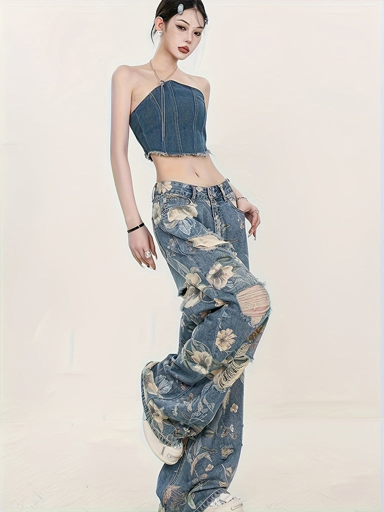 Vintage-Inspired High-Waist Wide-Leg Jeans for Women - Classic Retro Print, Cotton Blend, Machine Washable, High-end Fashion Brand