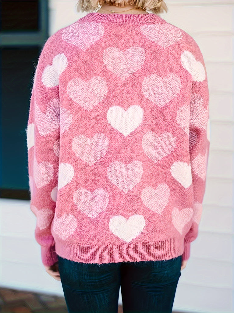 Heart Pattern Crew Neck Sweater, Casual Long Sleeve Sweater For Fall & Winter, Women's Clothing