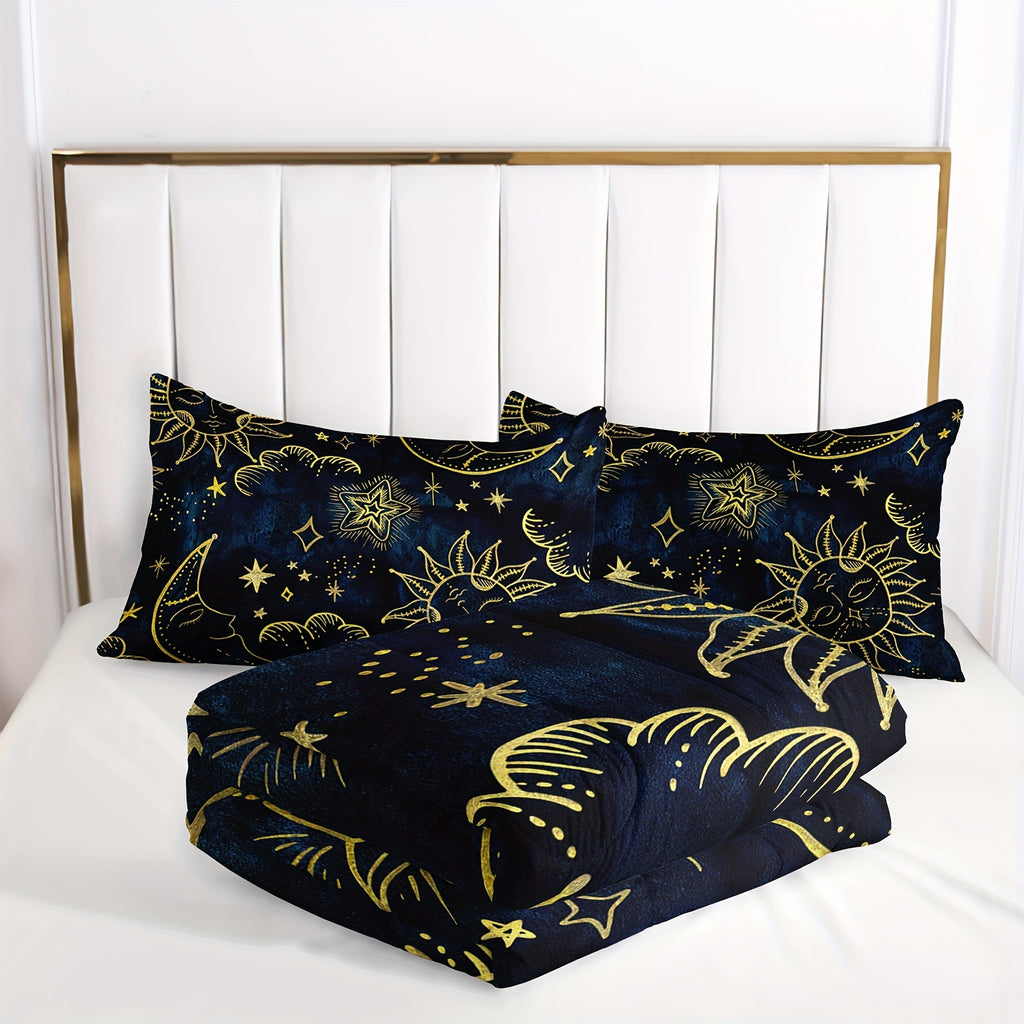 Sun and Moon Comforter Set, Starry Sky Celestial Star Bedding Set, Blue Golden Bohemian Gothic Comforter Set