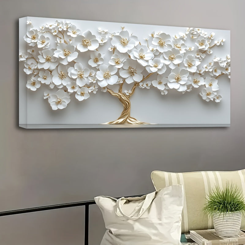 1 piece Nordic white floral oil painting on canvas, modern art, decorative wall painting for living room and bedroom, ideal for luxury background wall, home decoration, 1.5inch thickness Pine solid wood Framed