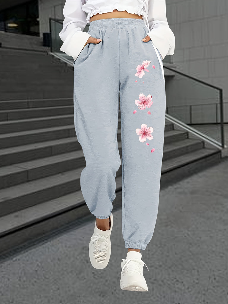 Chic Floral Print Women's Joggers - Casual & Versatile, Elastic Waist with Pockets, Machine Washable - Perfect for Fall/Winter