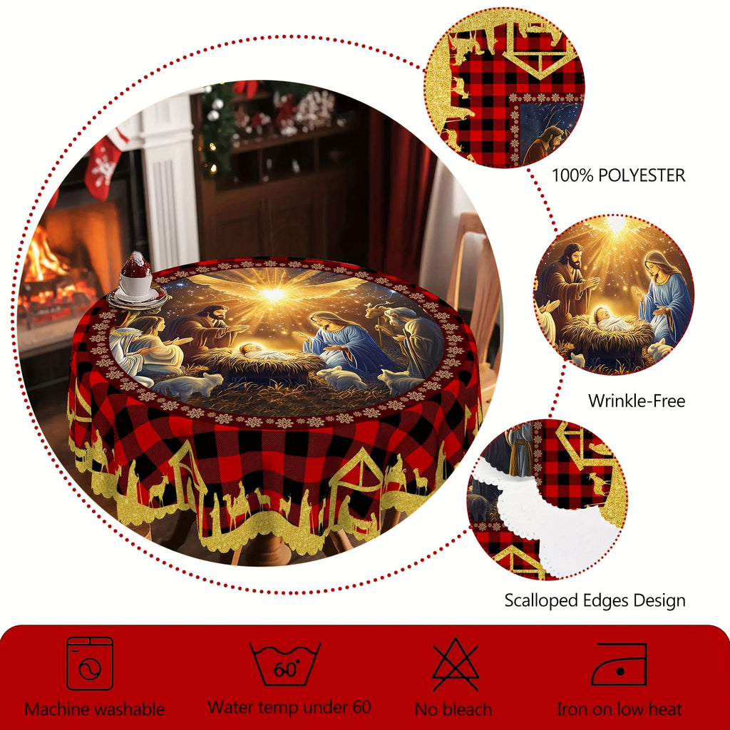 Merry Christmas Tablecloth - Nativity Scene Design, Waterproof & Wrinkle-Free Polyester, Embossed Edges, Round or Rectangle Shape - Perfect for Holiday Dining & Decor