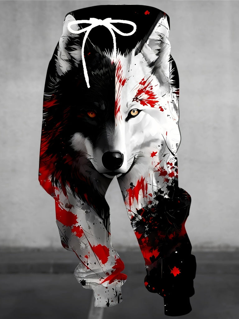 Men's 3D Wolf Print Casual Joggers - 100% Polyester Knit Fabric, Regular Fit, All Over Graphic Design, Slight Stretch - For Men - Suitable for Casual Wear, Sports & Loungewear - Great Gift for Fashionable Guys