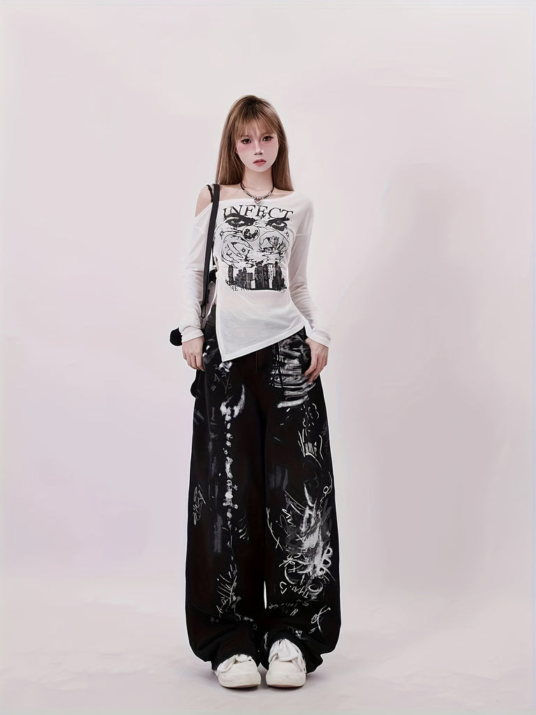 Women'S Hand-Drawn Designer Wide-Leg Denim Jeans - Casual Black Silver-Stencil Washed Cotton Blend Pants with Non-Stretch Fabric, All-Season Wear, Vintage-Inspired Drawing Pattern