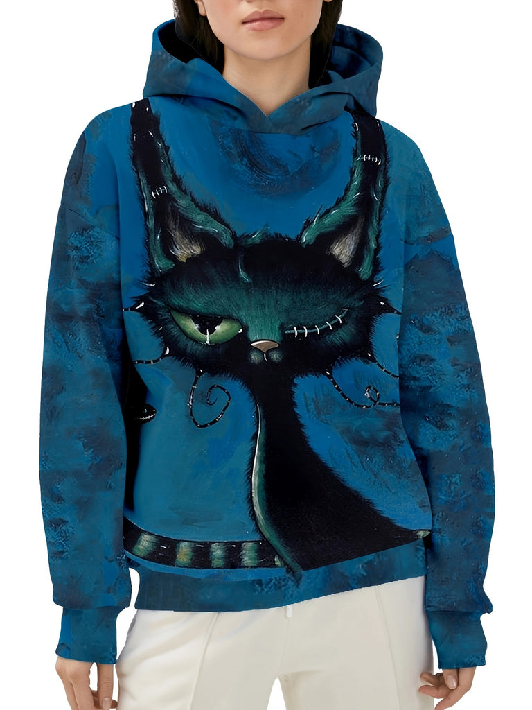 Halloween Scary Cat Print Hoodie, Casual Long Sleeve Drop Shoulder Hoodie Sweatshirt, Women's Clothing