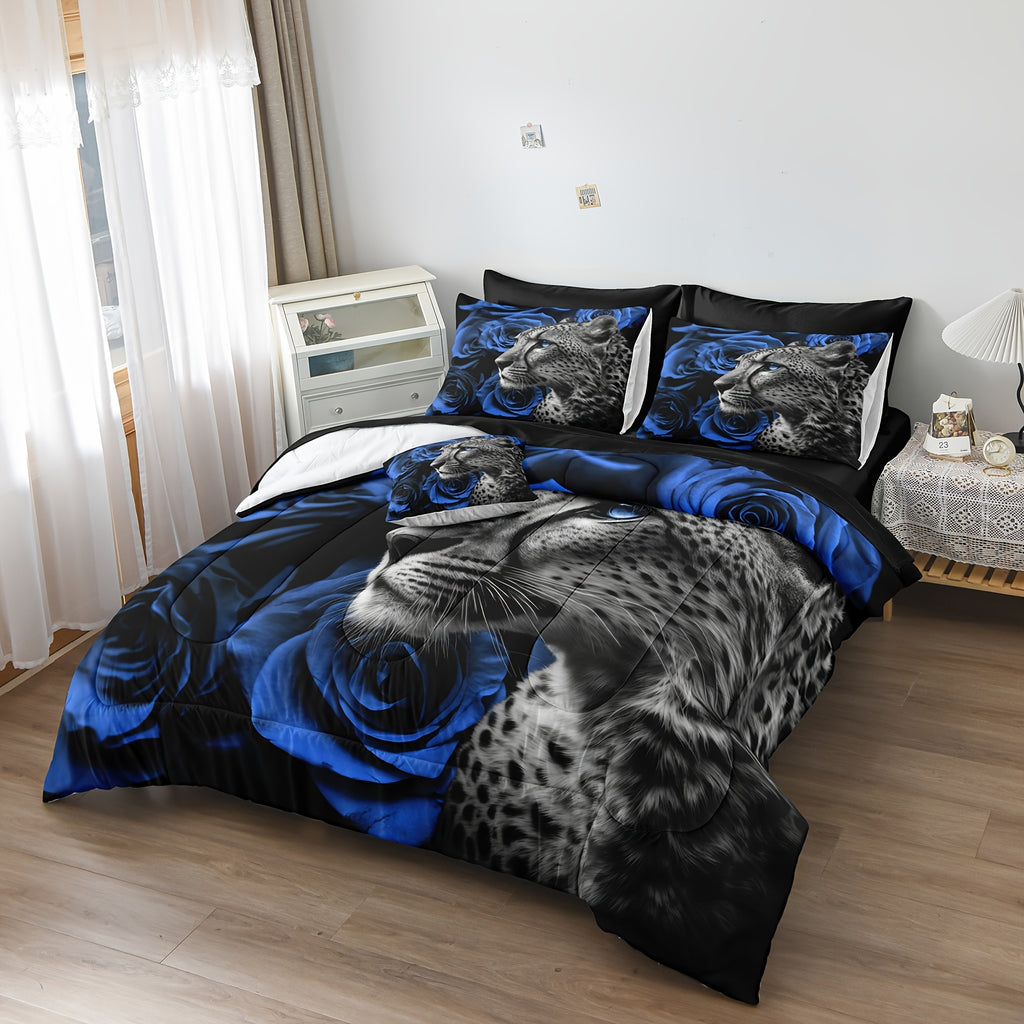 8 Pieces Cheetah Leopard Bed In A Bag Blue Rose Comforter Set Blue Flower Bedding Tiger Lion Wild Animal Comforter Set 200g Microfiber Filling Soft Lightweight Comforter Set For All Seasons