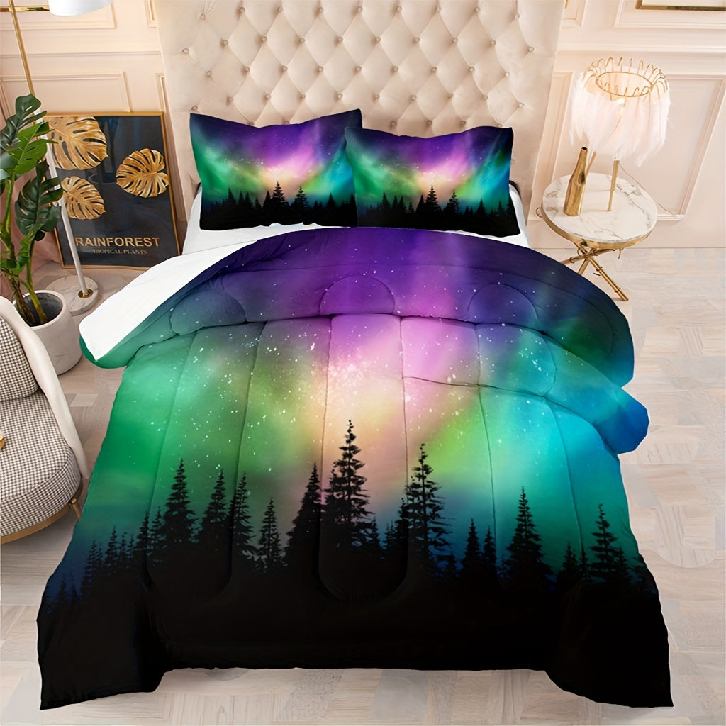 Magic Forest Colorful Comforter Set 3 Pieces King Size Galaxy Outer Space Multicolored Northern Lights Aurora Borealis Canadian 1 Quilt Comforter 2 Pillowcases (Without Core) Soft Cozy Bedding For Bedroom Guest Room