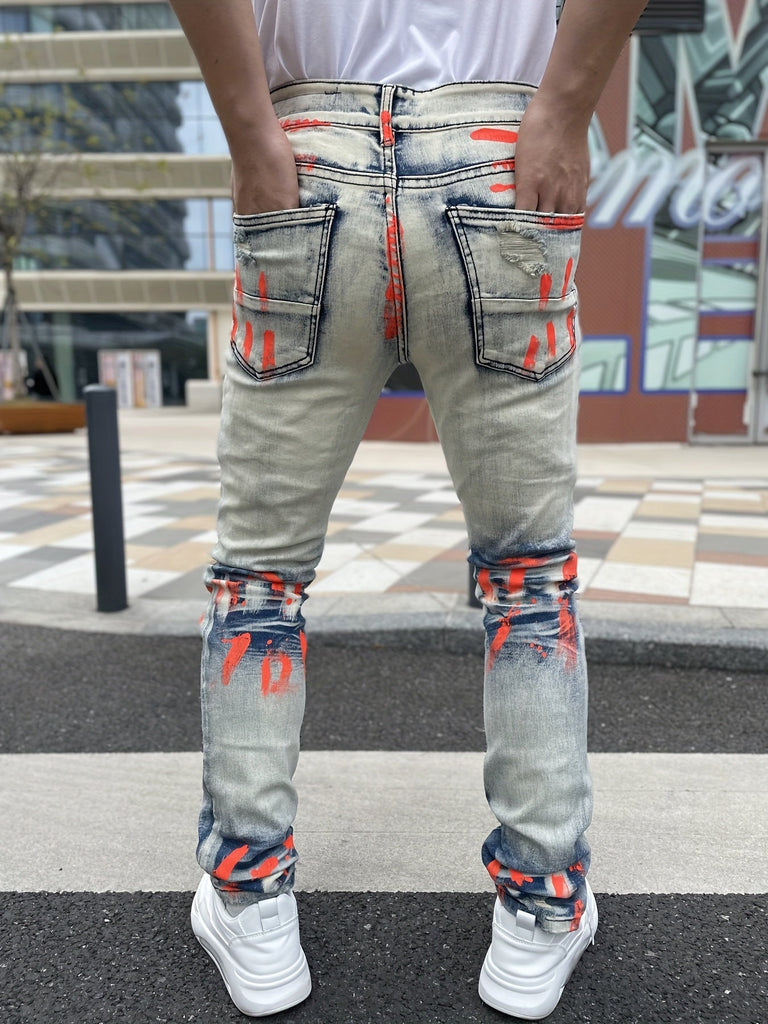 Men's Fashion Stretch Pants, Full Strip Hand Printing, Hole Technology, Creasing Cat Wash, Watch Bag Decorative Zipper, Tight Style, Suitable For All Seasons