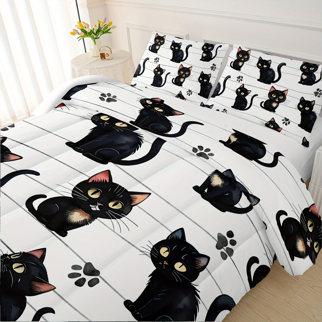 Kawaii Cute Cat Print Duvet, All Season Bedding Set For Bedroom Bed Decor, Animal Cute Comforter Set - 1 Comforter With 2 Pillowcases