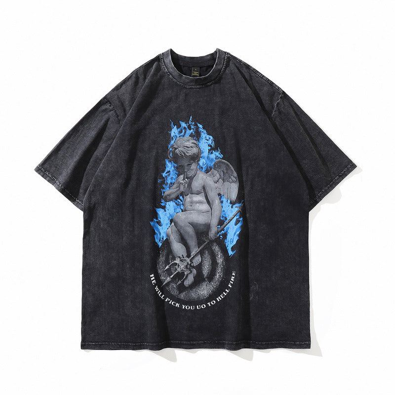 TKPA American Style Hip Hop Retro Washed And Worn Angel Print Short Sleeve