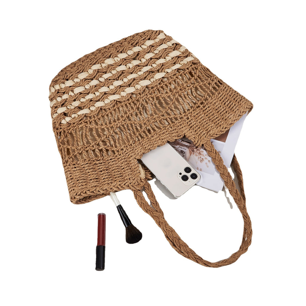 Hollow Pattern Straw Handbag Beach Shoulder Woven Bag