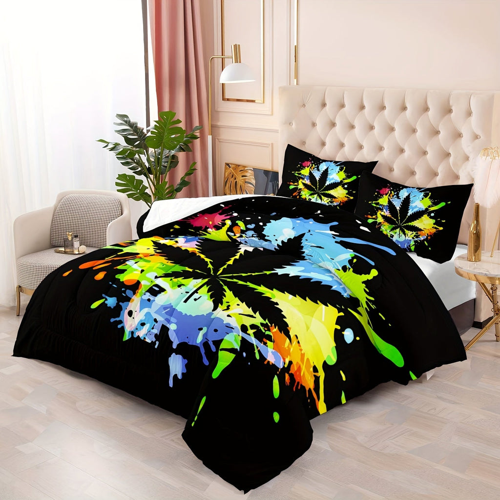 Cannabis Leaves Bedding Set, Hemp Leaves Bedding Weed Comforter Set Queen Size, Boho Comforter Set Queen, Tie Dye Comforter, Rainbow Comforter, Maple Leaf Bedding Set (Not Including Duvet Cover And Pillow Core)