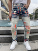 Men's Fashion Stretch Pants, Full Strip Hand Printing, Hole Technology, Creasing Cat Wash, Watch Bag Decorative Zipper, Tight Style, Suitable For All Seasons