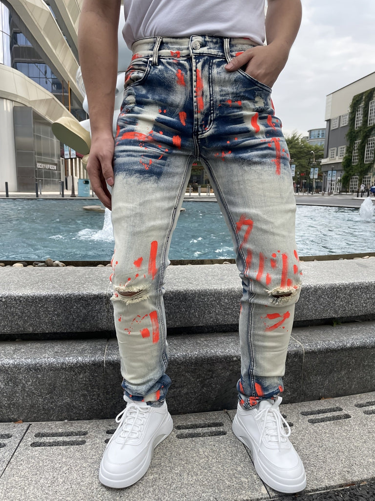 Men's Fashion Stretch Pants, Full Strip Hand Printing, Hole Technology, Creasing Cat Wash, Watch Bag Decorative Zipper, Tight Style, Suitable For All Seasons