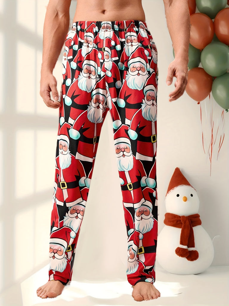 Men's Trendy Christmas Santa Claus Print Loose Pajama Trousers, Stylish All-match Pants, Comfy & Skin-friendly Daily Home Pants