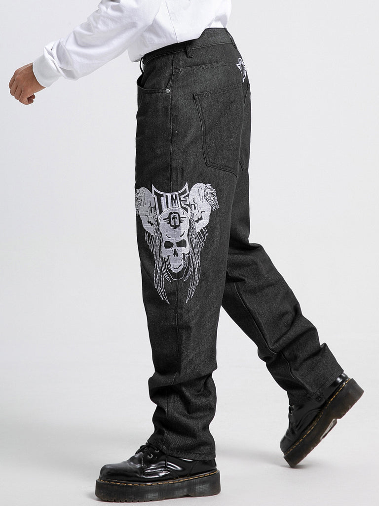 1 Pair, Skull Embroidery Original Color Jeans Street Trend Retro HIPHOP Straight Tube Skateboard Street Dance Hip-hop Jeans