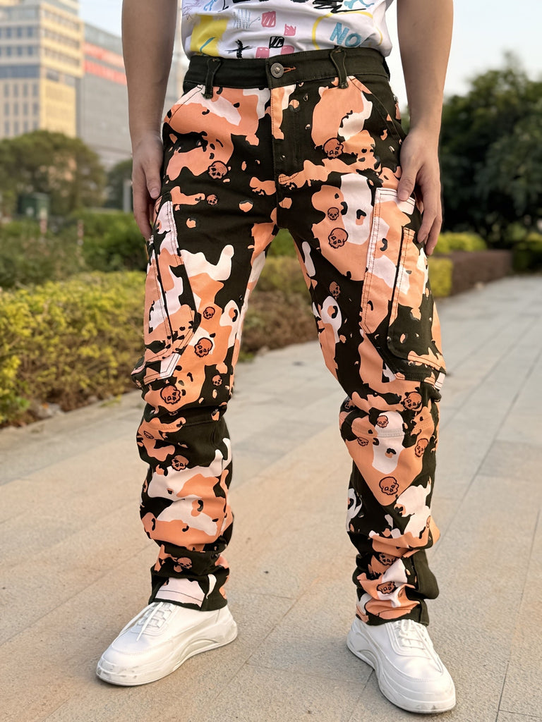 Men'S Fashion Camo Print Jeans, Cotton Blend, Medium Stretch Skinny Fit, with Embroidered Detail, Zipper Fly, Front Pockets, Back Pockets with Chain Hem, for All-Season Woven Trousers